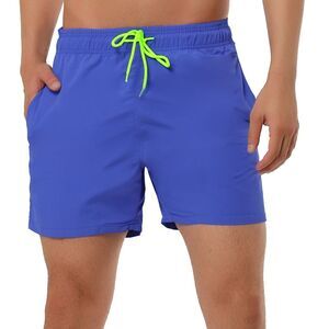 Summer Beach Solid Color Mesh Lining Drawstring Waist Swim Shorts Blue